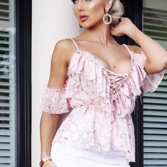 Pink Floral Print Short Sleeve V-Neck Cold Shoulder Blouse Top - Picture 1 of 8